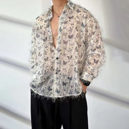 Summer New Men's Butterfly Print Tassel Long-Sleeved Shirt Light Luxury Elegant Retro Casual Fashion Trend Loose Niche Mens Tops