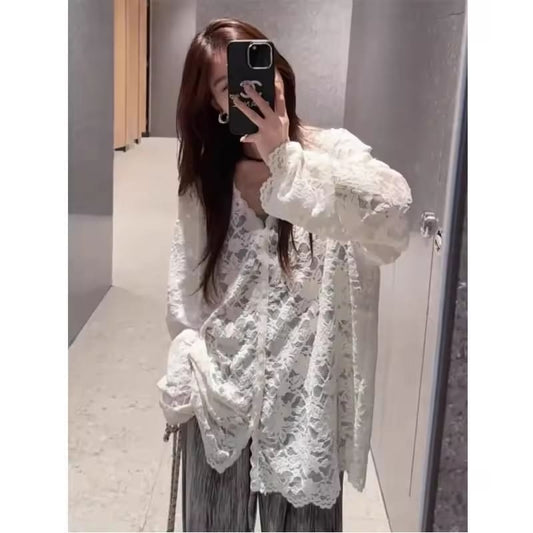 Sun Protection Long Sleeve Lace Shirt Women Summer Loose Hollow out Semi-Transparent Air Conditioning Shirt Breathable Casual