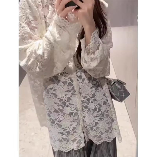 Sun Protection Long Sleeve Lace Shirt Women Summer Loose Hollow out Semi-Transparent Air Conditioning Shirt Breathable Casual
